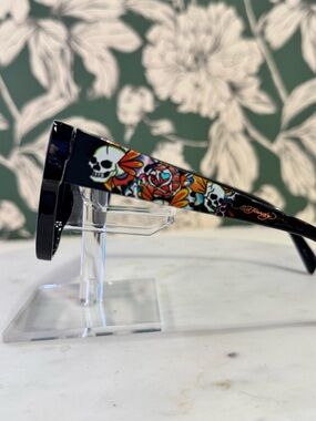 Ed Hardy Black Sunglasses with Colorful Skull & Floral Temple Art